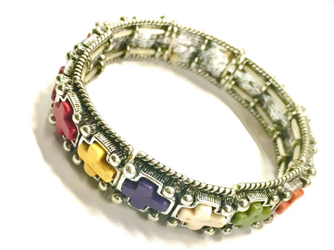 Cross Stretch Bracelet multicolor semi precious stones Boho Bohemian Hippie inlay Silver Bangle Vintage SouthWest Jewelry for Women Cuff