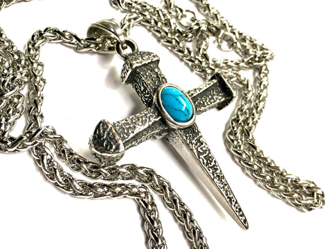 Classic Mens Nail Necklace all Waterproof Stainless Steel Turquoise Hammered Finish Stone Pendant Choker Anime Prayer Pendant Boys Crucifix