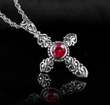 925 Solid Sterling Silver Red Ruby Cross Vintage Antique Necklace S925 Pendant for Women Cast Jewelry link Chain Jewellery for Girls