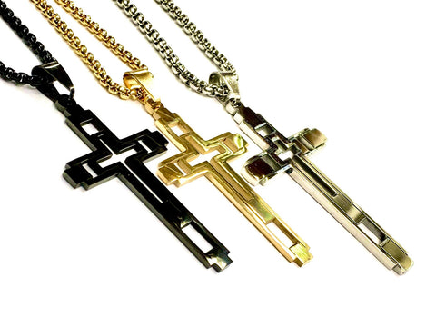 Multi Section Cross Necklace for Men Women Industrial Men Solid Stainless Steel Chain Silver Gold Waterproof Crucifix Jesus Jewelry