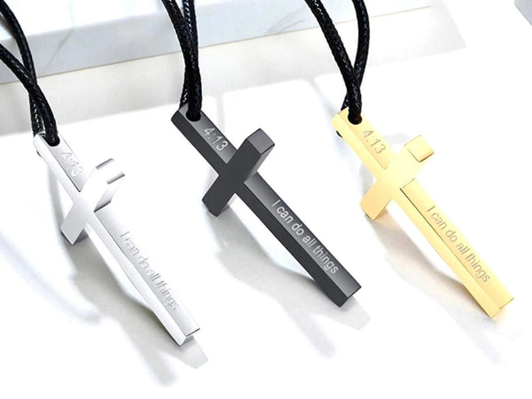 Waterproof Black Silver Cross Necklaces for Men Philippians 4:13 I can do all things through Christ who strengthens me Stainless Steel