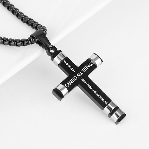 I can do all things Cross Necklaces for Men Silver Black through christ who strengthens me Pendant Stainless Steel Chain Philippians 4:13