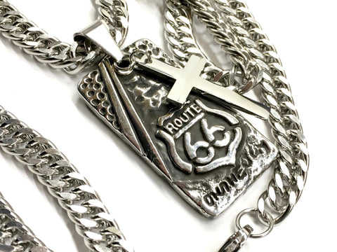 Route 66 Dog Tag Cross Necklace Curb Chain High Relief Detail Jesus Biker Jewelry Heavy Chain Men Christian Jewelry Jewellery