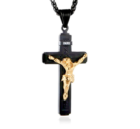 Medium black gothic crucifix cross catholic necklace for men black gold jesus stainless steel box chain jewelry for man boys INRI