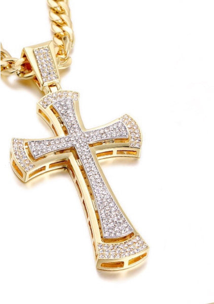 Curved Bling 2 color Cross Necklace for Men Swag Silver Gold CZ Heavy Stainless Steel Thick Curb Chain Jewelry Iced Out Rapper