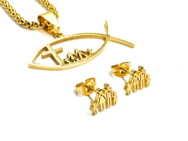 Set - Mothers Cross Fish Family Necklace Earring Set Christmas Mother day Gold Box Ichthus Ichthyic Greek Jesus Fish Pendant