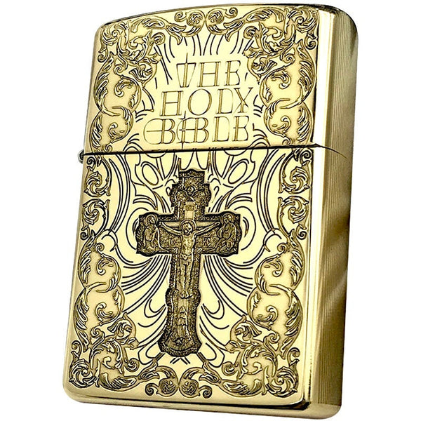 Brass Lighter Holy Bible Flint Cigarette Lighter Smoking Accessory Embossed Crucifix Cross Deep Filigree Antiqued Accents God Jesus