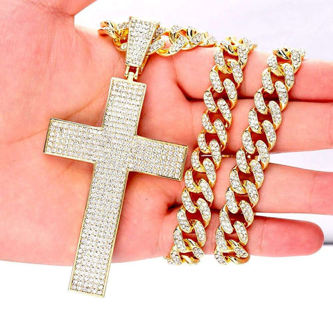 Large Bling Crucifix Cross and Swag Bling Chain Necklace for Men Silver Gold Iced Out Rapper CZ Heavy Thick Curb Chain Jewelry Jewellery