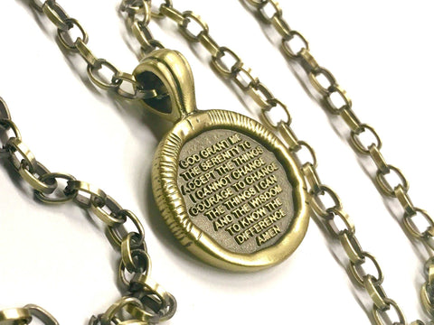 Bronzed Serenity Prayer Necklace Medal Tag Cross Brass Link Chain Crazy Design Pendant for Mens Boys Christian Jewelry