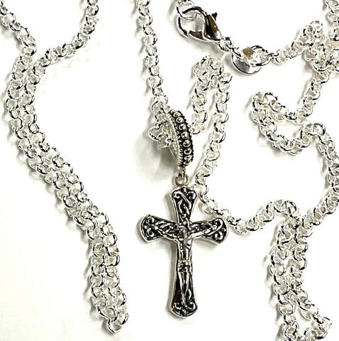 Small Solid Sterling Silver Crucifix Necklace Celtic Cross Viking Vine Crucifix for Women Old World Catholic Silver S925 Cross Chain Jesus