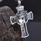 All Tin Crown of Thorns Profile Crucifix Necklace Gorgeous Full Size Jesus Face Cross Antiqued Finish Waterproof INRI Catholic Orthodox