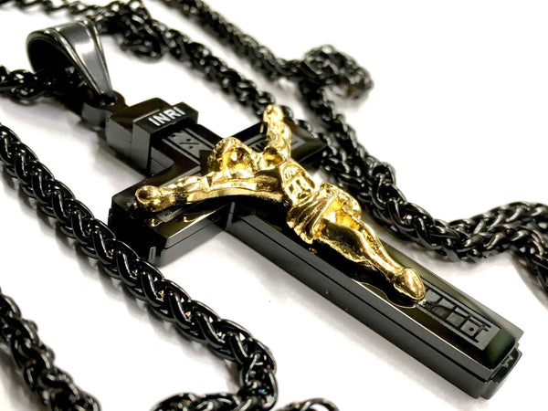 Medium black gothic crucifix cross catholic necklace for men black gold jesus stainless steel box chain jewelry for man boys INRI