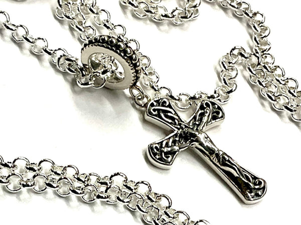 Small Solid Sterling Silver Crucifix Necklace Celtic Cross Viking Vine Crucifix for Women Old World Catholic Silver S925 Cross Chain Jesus