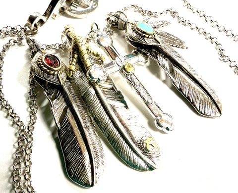 Cross Eagle Feather Necklace Western 3 Dangle Silver Eagle Claw Antique Pendants Bohemian Boho Hippie Turquoise Indian Jewelry