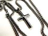 Solid Sterling Silver Cross Black Accent Stainless Steel Necklace for Men Old World Silver S925 Necklace Cross 2 Color Super Box Chain Jesus