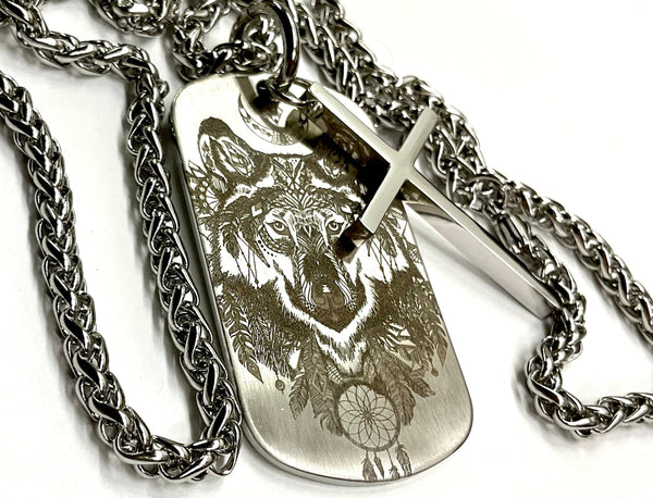 Wolf Dog Tag Crazy Western Adorned Necklace Biker Waterproof Medallion Heavy Chain for Mens Wanderlust Jewelry Jewellery