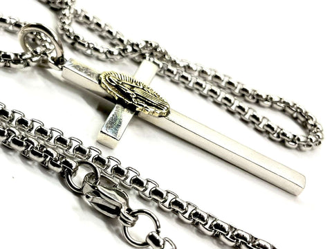 Cross Two Sided Mary Madonna AquaMarine Colored Stone Filigreed S925 Solid Sterling Silver Old World Silver Necklace Cross 2 Color Jesus