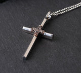 Thick Solid Sterling Silver Cross Pure 925 Inlaid with Copper Accent Necklace for Men Old World Silver Necklace Cross Super Box Chain Jesus