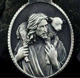 Gorgeous Jesus Shepherd Carrying a Sheep Lamb Antiqued Tin Medal Cast Medallion Integrated Bail with Cross