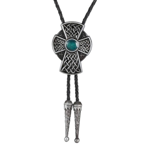 Celtic cross bolo western cowboy crucifix red green stone necklace silver black draw string suit tie cord square dance western wear belt