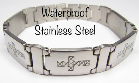 Mens sideways cross bracelet silver engraved bangle cuff hypoallergenic waterproof stainless steel heavy thick meaning horizontal cross