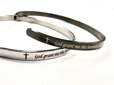 Thin Black and Silver Serenity Prayer Cuff Bracelet All Stainless Steel Bangle Engraved Cuff