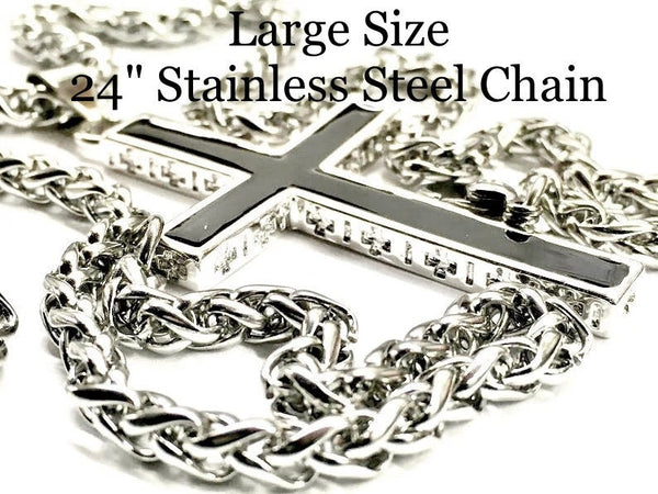 Solid Sterling Silver Cross S925 with Black Accent Stainless Steel Chain necklace for Men Women Old World Cross 2 Color Wheat Chain Jesus