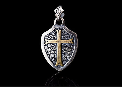 Solid Sterling Silver Cross Shield Jesus Crucifix Cross Shield Necklace Calvary Biker Waterproof Medallion Mens Christian Jewelry