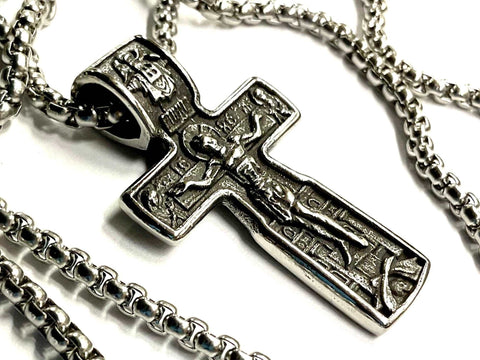 Ancient Crucifix Russian Orthodox Cross All Silver Necklace for Men Stainless Steel Viking Jesus