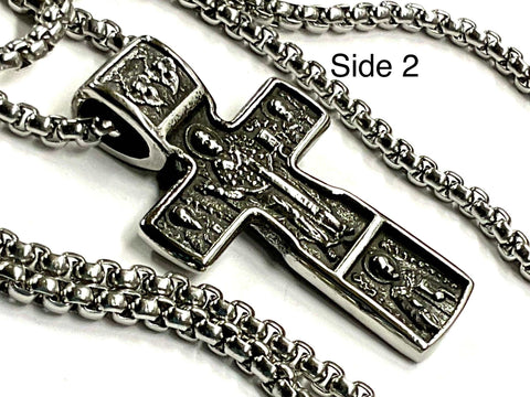 Ancient Crucifix Russian Orthodox Cross All Silver Necklace for Men Stainless Steel Viking Jesus