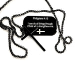 I can do all things Cross and Dog tag necklace for men Black Philippians 4:13 through christ who strengthens me Waterproof Stainless Steel