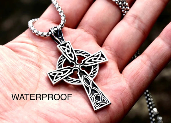 Silver Cross Necklace Celtic Irish Knot Crucifix All Stainless Steel Waterproof Hypoallergenic Cross Vintage Viking Smooth Box Chain Jewelry