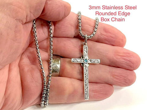 Cross Two Sided Mary Madonna AquaMarine Colored Stone Filigreed S925 Solid Sterling Silver Old World Silver Necklace Cross 2 Color Jesus