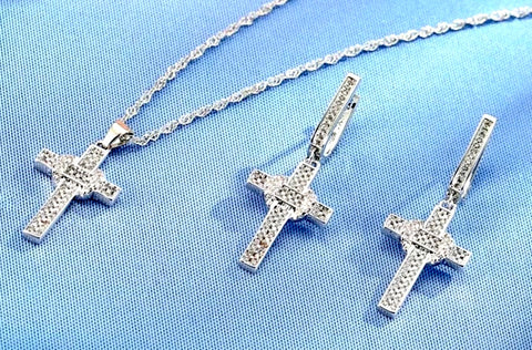 Set - sterling silver zircon cross earrings and necklace S925 pendant for women cast jewelry link chain jewellery for girls