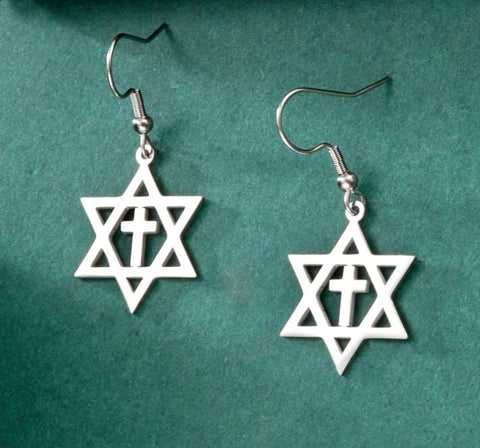 SET - Messianic Star of David Cross Earrings and Necklace Silver Gold Colors Crucifix Necklace Men Women Stainless Steel Jesus