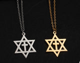 SET - Messianic Star of David Cross Earrings and Necklace Silver Gold Colors Crucifix Necklace Men Women Stainless Steel Jesus