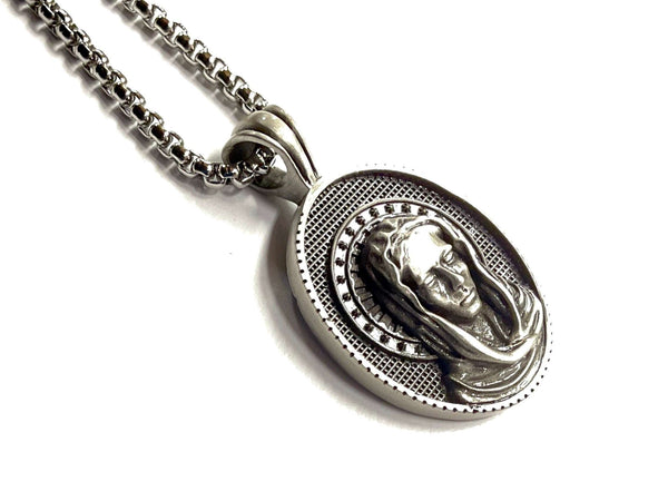 Gorgeous Mary Madonna halo nimbus Necklace Full Facial Profile Catholic Holy Mary Mother of God All Tin Antiqued Waterproof Orthodox