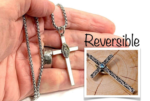 Cross Two Sided Mary Madonna AquaMarine Colored Stone Filigreed S925 Solid Sterling Silver Old World Silver Necklace Cross 2 Color Jesus