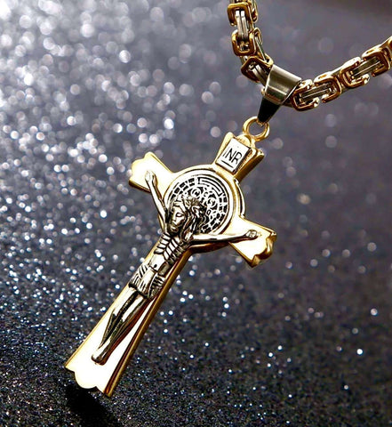 Large Crucifix Saint Benedict Medal Cross Catholic Orthodox Byzantine Chain Necklace Men Gold Stainless Steel Waterproof Religiou San Benito