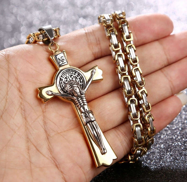 Large Crucifix Saint Benedict Medal Cross Catholic Orthodox Byzantine Chain Necklace Men Gold Stainless Steel Waterproof Religiou San Benito