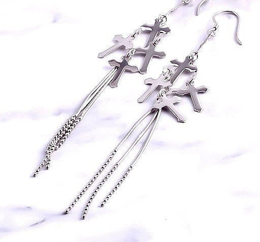 Solid Sterling Silver 3 Strand Cross Tassel Earrings Chain Dangle Studs Antiqued S925 Boho Wedding Jewelry Simple Cross of Jesus Crucifix