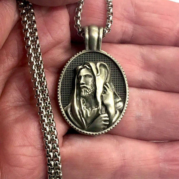 Gorgeous Vintage Jesus Shepherd Antiqued Tin Medal Cast Medallion Integrated Bail with Cross