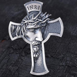 All Tin Crown of Thorns Profile Crucifix Necklace Gorgeous Full Size Jesus Face Cross Antiqued Finish Waterproof INRI Catholic Orthodox