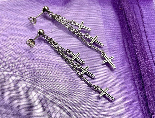 3 chain solid sterling silver cross dangle earrings wedding jewelry S925 studs 3 strands antiqued boho simple cross of jesus crucifix