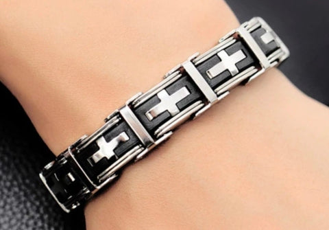 Heavy Silver Black Bracelet Cross Links for Mens Bangle Stainless Steel Engraved Boys Cuff Heavy Design Christian Jewelry Jewellery