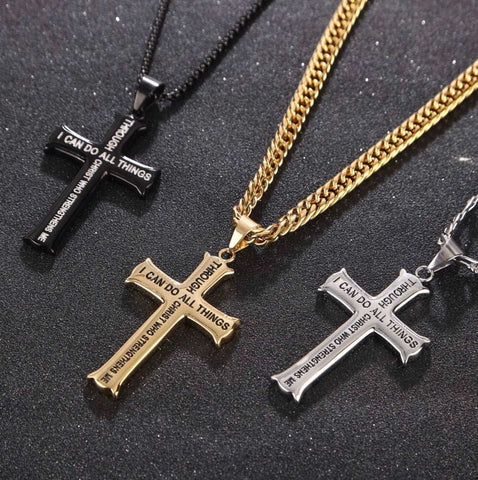 Large I can do all things Cross Waterproof Necklace Philippians 4:13 through Christ who strengthens me Pendant for men Stainless Steel