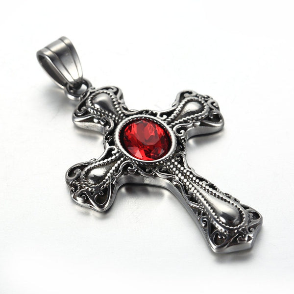 Silver Cross Necklace Red Blue CZ Catholic Crucifix Super Large Center Zirconia Cross Vintage Filigree Viking Heavy Braided Chain Jewelry