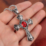 Silver Cross Necklace Red Blue CZ Catholic Crucifix Super Large Center Zirconia Cross Vintage Filigree Viking Heavy Braided Chain Jewelry