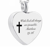 Heart Shaped URN Necklace Matthew 19:26 Memorial Pet Ash Cremation With God All Things Possible Waterproof Stainless Steel Remains Funeral