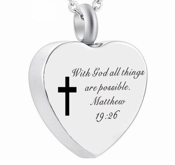 Heart Shaped URN Necklace Matthew 19:26 Memorial Pet Ash Cremation With God All Things Possible Waterproof Stainless Steel Remains Funeral